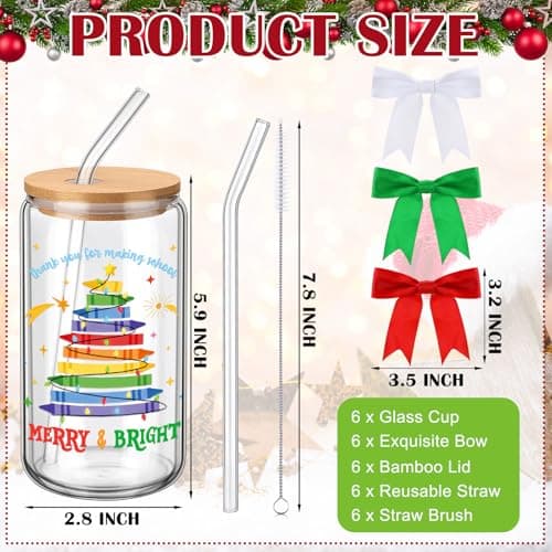 16 oz Glass Coffee Cups with Bows Lids Straws Brushes, Thank You End of Year Gifts for Teacher from Student School Present Reallnaive 6 Pcs Christmas Teacher Appreciation Gifts for Women Teacher Cup B0FNM52YVG