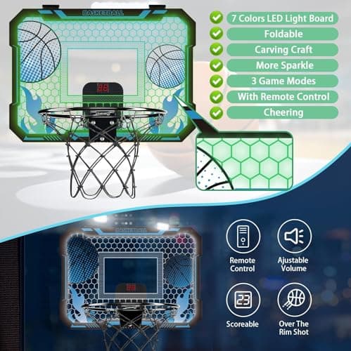VROGTIK Indoor Basketball Hoop for Kids with Led Lights Mini Basketball Hoop with Remote Control Over The Door Basketball Hoops with Scoreboard Basketball Toys for 4-12 Year Old Boys Girls