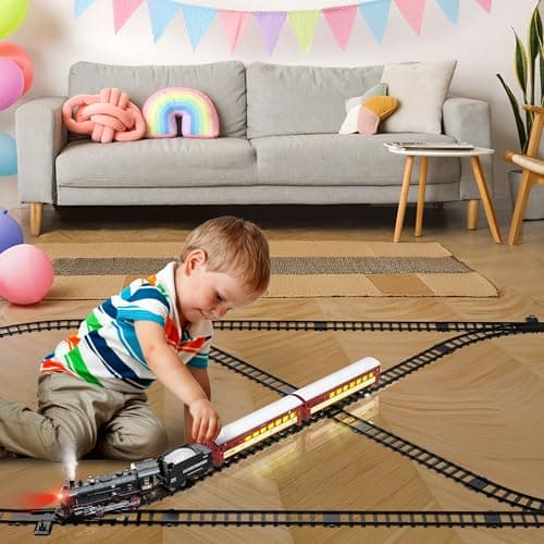 Hot Bee Train Set for Boys, Alloy Remote Control Train Sets with Steam Locomotive, Light Up Cars and Tracks, Electric Trains Set Toys for Toddler Kids, Christmas Toys Gifts for 3 4 5 6 7 8+ Year Old