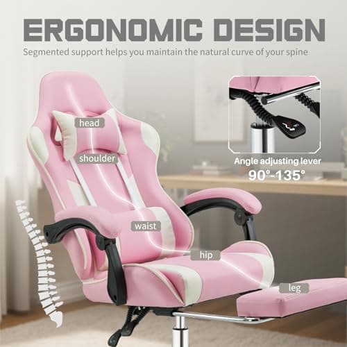 DUMOS Ergonomic Gaming Office Desk Chair with Footrest and Headrest for Adults, PU Leather Video Computer Chair with Linkage Armrests, Height Adjustable 360° Swivel Recling Chair, White Pink