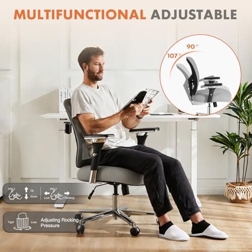 Sweetcrispy Big and Tall Office Desk Chair with Lumbar Support, 500lbs Heavy Duty Mesh Ergonomic Computer Chair with 4D Armrest and Wide Comfy Seat, 360° Swivel Wheels for Adult, Grey