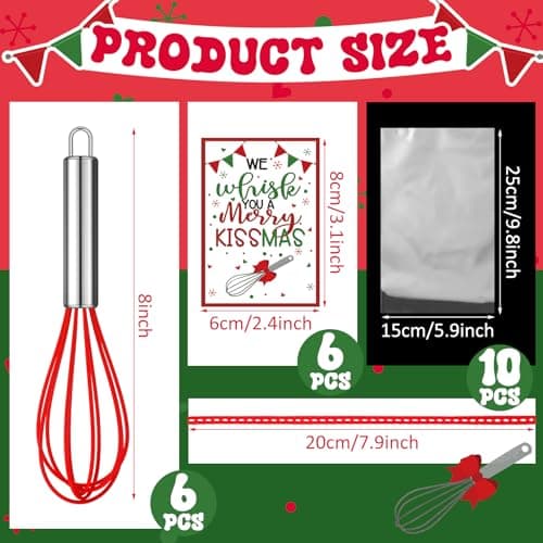 Nuogo 6 Sets Christmas Whisk Baking Supplies Gifts Christmas Neighbor Gifts Includes 8 Inch Stainless Steel Whisk,Greeting Cards,Ribbons,Plastic Bags for Home Cooking Supplies Xmas Stocking Stuffers