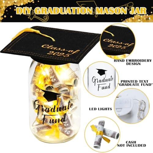 2025 Graduation Gifts for Her/Him- Lighted Graduation Mason Jar Filled with Money & Class of 2025 Cap Kit,Graduation Decorations Class of 2025 Graduation Centerpieces, Money Gift Ideas for Boys Girls