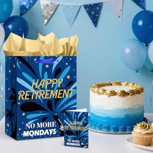 Yomaiha Blue Retirement Gift Bag with Tissue Paper and Greeting Card Retirement Wrapping Paper Bag for Men Women 2026 Retired Gift Wrapping Bag for Coworker Farewell Going Away Party Retired Supplies
