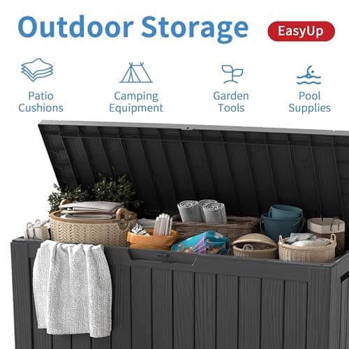 EasyUp 85 Gallon Outdoor Storage Box, Resin Waterproof UV-Resistant Deck Box, Reinforced Stability for Patio, Garden, and Poolside, Striped Black