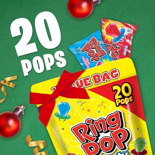 Ring Pop Candy, Christmas Lollipops, 20 Ct Party Favors in Assorted Fruity Flavors - Full Size, Bulk Variety Pack, Individually Wrapped Hard Candy For Stocking Stuffers, Holiday Gifts