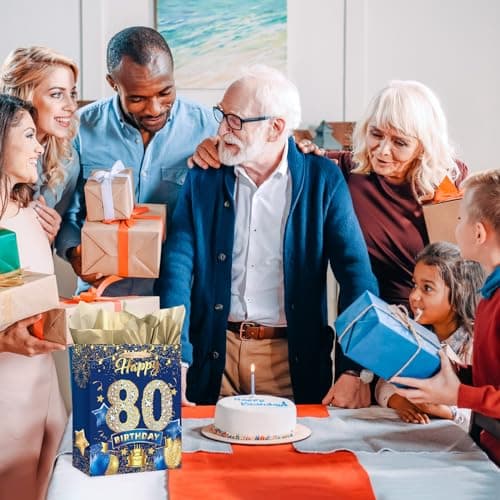 Blue 80th Birthday Gift Bag, Large Navy Blue and Gold Happy 80th Birthday Gift Wrap Bag with Card and 3pcs Tissue Paper for Men Women 80 Years Old Anniversary Party Favors Goodie Wrapping Bag Supplies