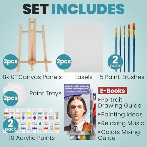 Set of 2 Beginner Painting Kit for Date Night Crafts with Canvas, Easels, Brushes, Acrylic Paint - Family & Couple Art Set 2 Painting Kits for Couples' Date Night, Sip and Paint Kit for Adults B0DTB5Y32H