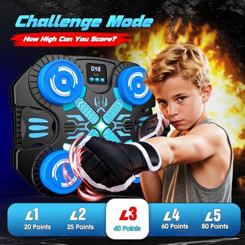 Boxing Machine with Music for Kids Sports Toy-3 Game Modes & 14 Levels, 4 5 6 7 8 9 10 Year Old Boy Girl Christmas Toys Birthday Gifts, Wall Mounted Bluetooth Punching Target with Scoring & Gloves