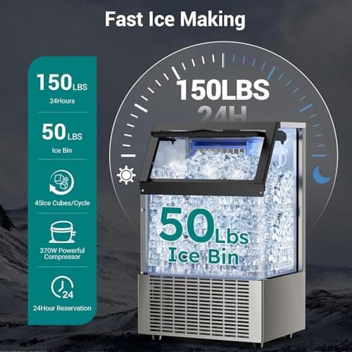 ETL Approval Commercial Ice Maker Machine 150 Lbs/24H Stainless Steel, with 50Lbs Bin, Under Counter or Freestanding Ice Maker, 55 Ice Cubes in 8-15 Minutes for Home & Commercial