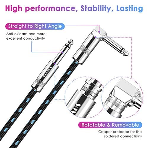Sovvid 10FT Instrument Cable - Electric Guitar & Bass Cable with Right Angle 1/4 Inch Connector - Black & Bluetest