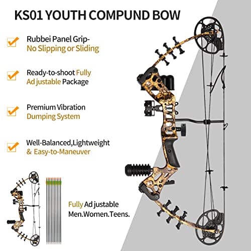 Youth Compound Bow Set 15-45 Lbs for Teens and Beginner, Package with Archery Hunting Equipment, Max Speed 260fps, Adjustable, Right Hand