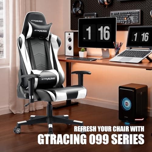 GTRACING Gaming Chair Racing Office Computer Ergonomic Video Game Chair Backrest and Seat Height Adjustable Swivel Recliner with Headrest and Lumbar Pillow Esports Chair (White)