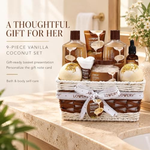 Gifts For Women Gift Basket for Women– 9 Piece Set of Vanilla Coconut Home Spa Set, Includes Fragrant Lotions, Extra Large Bath Bombs, Coconut Oil, Luxurious Bath Towel & More