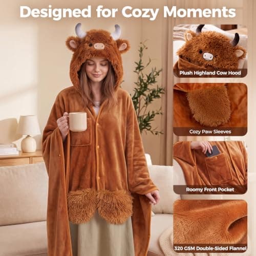 Full-Body Coverage, Hands-Free Design, Phone Pocket, For Home, Camping & Lounging, Birthday Gifts for Women & Animal Lovers Mewaii Highland Cow Gifts Wearable Blanket Hoodie Soft Highland Cow Blanket B0CGRGNP6W
