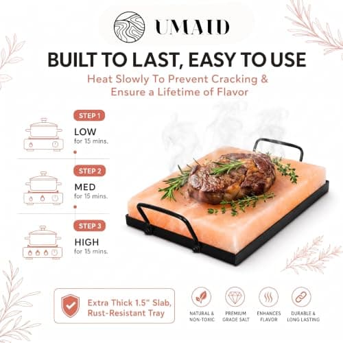 UMAID Himalayan Salt Block Cooking Plate 12x8x1.5 – Food Grade Pink Himalayan Salt Stone for Cooking, Grilling, Serving & Cutting – Includes Steel Tray & Grilling Recipe Booklet – Unique Gifts for Men & Women B07BB6HWT6