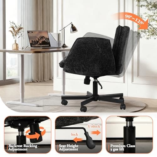 Criss Cross Chair with Wheels & Arms, Chenille Cross Legged Office Chair with 5-level Folding Armrest, Comfortable Adjustable Swivel Vanity Chair for Home, Make Up, Bed Room, Office, Accent (Black).