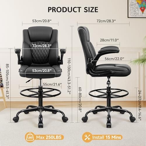 Drafting Chair,Tall Office Chair for Standing Desk,High Executive Leather Ergonomic Computer Chair with Adjustable Height and Flip-Up Armrest for Counter Height Desk,Black