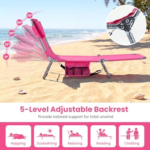 Goplus Tanning Chair, Portable Lightweight 10.5LBS Beach Lounger with Face Arm Holes, Adjustable 5-Position, 330LBS Capacity, Side Pocket, Removable Cushions, Portable Sunbathing Chair for Pool