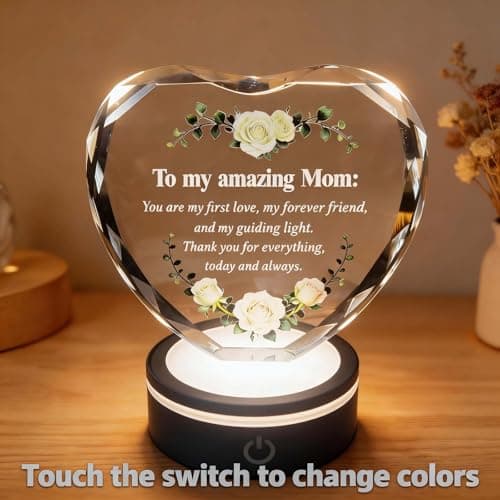 Premium K9 Crystal, Laser Engraved, 6-Color USB LED Base, Gift Box Packaging, Perfect Present for Birthdays & Christmas Crystal Heart Keepsake for Mom, Color Changing LED, Mothers Day Gift B0GS15MD5Z
