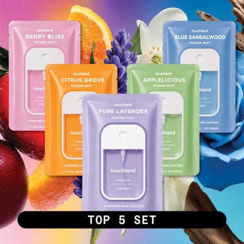 TSA ready Power Mist with skincare benefits. Applelicious, Berry Bliss, Blue Sandalwood, Citrus Grove and Pure Lavender Touchland Top 5 Hydrating Hand Sanitizer Spray Set Travel Size B09JFLV454