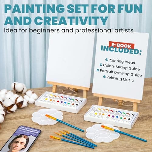 Set of 2 Beginner Painting Kit for Date Night Crafts with Canvas, Easels, Brushes, Acrylic Paint - Family & Couple Art Set 2 Painting Kits for Couples' Date Night, Sip and Paint Kit for Adults B0DTB5Y32H
