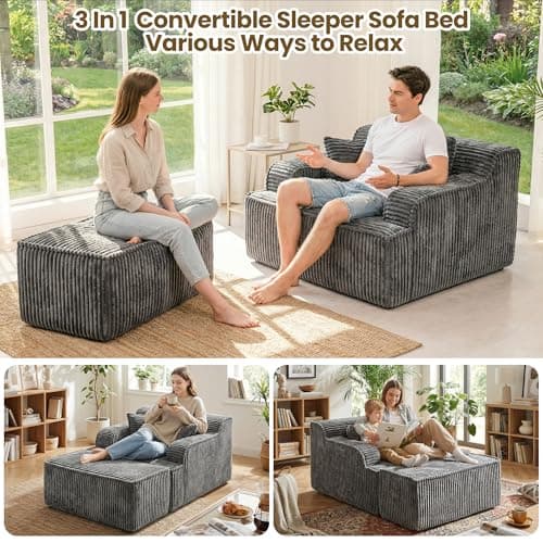 Chaise Lounge Chair Indoor,Boneless Chair with Ottoman,Comfy Reading Chair for Adults,Small Sofa Bed Couch for Living Room,Single Sleeper Chair Bed,Grey
