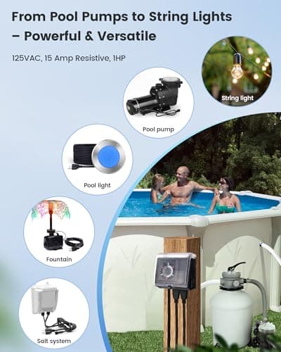 SURAIELEC Mechanical Pool Timer for Above Ground Pools, NEMA 5-15R Plug-in 24-Hour Timer with Dual Outlets, 15A 125V 1HP, Up to 3 Daily Settings, Weatherproof Cover for Pool Pumps, Outdoor Lighting