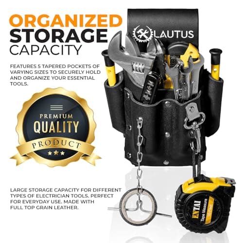LAUTUS Electrician Full Top Grain Leather Tool Pouch; 5 Pocket Pouch with Electrical Tape Chain; Durable Compartments; Washer Rivets; Includes Metal Tool Clip; Black