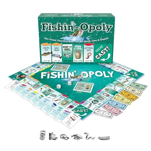 Funny property trading game for families and anglers Features quick or classic play modes and durable metal-style tokens Late for the Sky Fishin'-Opoly Board Game, 2-6 Players Strategy Fishing B000HI1QPI