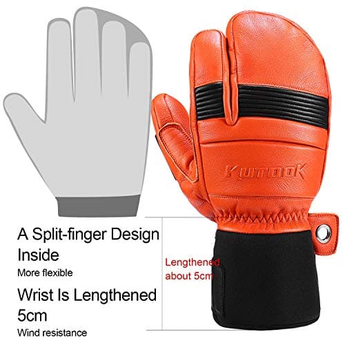 KUTOOK Ski Mittens with HIPORA Waterproof Membrane Goat Leather Gloves for Skiing Outdoor