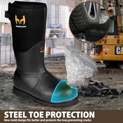 Rubber Work Boots with 800g Insulation, Puncture-Proof Steel Toe & Shank, Waterproof and Insulated 6mm Neoprene Hunting Boots for Farming, Construction, Fishing, and Manufacturing (Size 6-14)