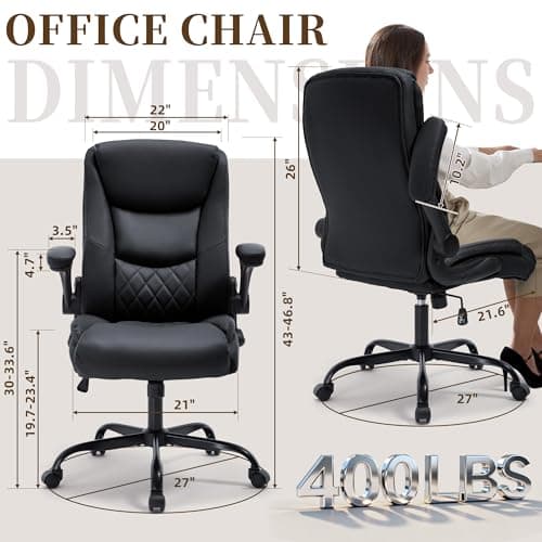 Office Chair, Executive Leather Office Chair with Lumbar Support & Flip-up Armrests, Ergonomic Adjustable High Back Swivel Chair with Rocking Function (Black)