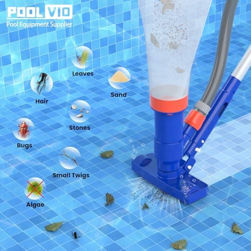Poolvio Pool Cleaning Kit with Spa Jet Vacuum Cleaner, 8-Foot Pole, Leaf Rake Net & Round Brush for Inflatable and Above-Ground Pools