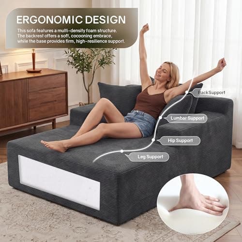 66" Chaise Lounge Chair Indoor, Oversized Boneless Lounge Chair with 3 Pillows, Corduroy Cloud Reading Chair for Living Room Bedroom, Deep Seat Sleeper Couch, No Assembly Required
