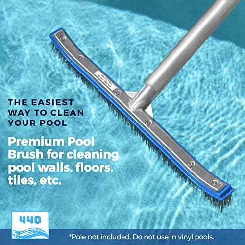 440 Heavy Duty Pool Brush - 18-inch Extra-Wide Metal Brush Head with Stainless Steel Wire Bristles & Curved Edges for Cleaning Pool Tiles, Walls, Floor, Steps (Stainless Steel)