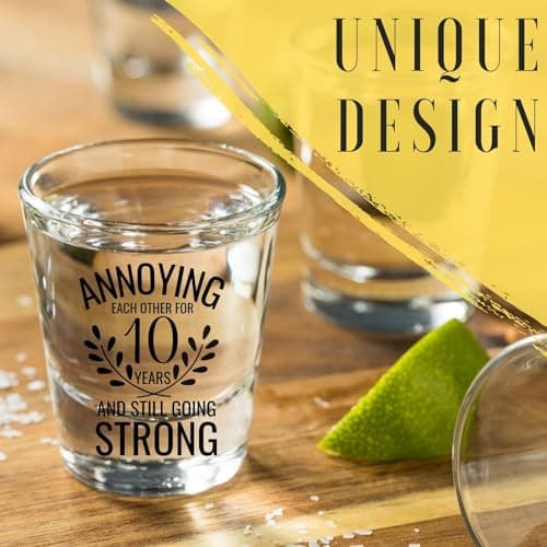 Onebttl Anniversary Cups for Couples, 10 Years Anniversary Funny Gifts for Boyfriend Girlfriend, 1.5 oz (45 ml) Shot Glasses Set of 2 - Annoying Each Other But Still Strong, Transparent