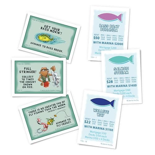 Funny property trading game for families and anglers Features quick or classic play modes and durable metal-style tokens Late for the Sky Fishin'-Opoly Board Game, 2-6 Players Strategy Fishing B000HI1QPI