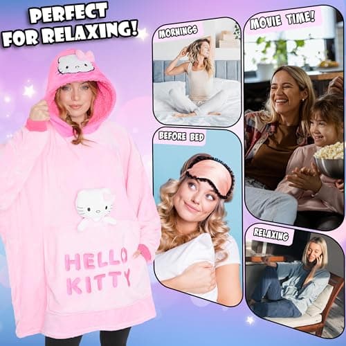 Hello Kitty Blanket Hoodie for Women Teens Wearable Blanket Sherpa Lined Fleece