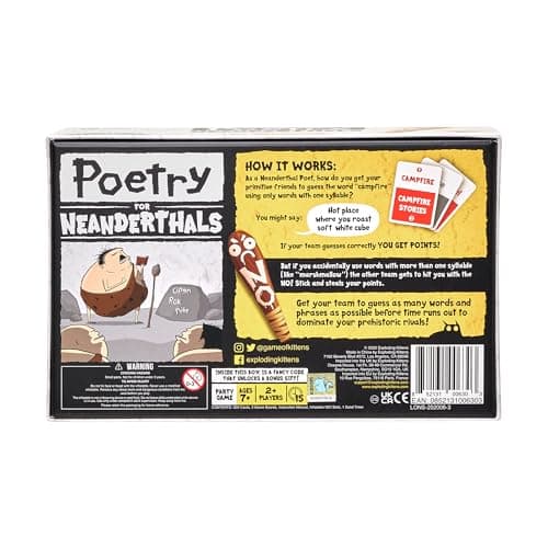 Be a Neanderthal poet! Give one-syllable words and phrases so friends guess the word in this quick-to-learn viral party game. Exploding Kittens Poetry for Neanderthals, 2+ Players, Ages 7+ Word Game B089DTQDLR