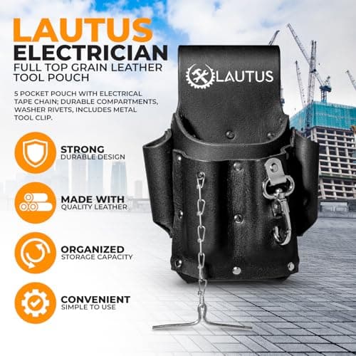 LAUTUS Electrician Full Top Grain Leather Tool Pouch; 5 Pocket Pouch with Electrical Tape Chain; Durable Compartments; Washer Rivets; Includes Metal Tool Clip; Black