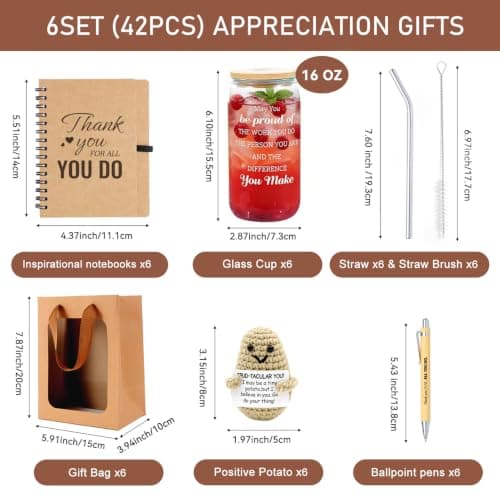 42 Pcs/6 Sets Employee Appreciation Gifts Bulk - Includes 16oz Glass Cups with Bamboo Lid, Positive Crochet, Inspirational Notebooks with Pens, Kraft Paper Gift Bags & Straw - Thank You Gifts for Coworkers, Teachers, Staff & Team B0G5MPS7K6