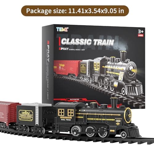 TEMI Steam Train Toy Set for Boys 3 4 5 6 7 Years, with Sounds & Light, Electric Classical Engine Locomotive for Kids, Rechargeable Model Train Kit for Christmas Tree, Cargo Car Railway Tracks
