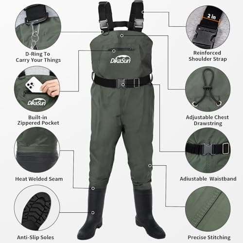DikaSun Fishing Waders for Men & Women, Waterproof 2-Ply Nylon/PVC Chest Wader with Boots for Outdoor Sizes 4-13 Bootfoot