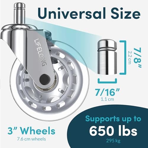 Lifelong Office Chair Wheels Replacement Rubber Chair Casters Safe for Hardwood Floors and Carpet, Set of 5, Heavy Duty Casters for Chairs Desks to Replace Office Chair Mats - Fits 98%