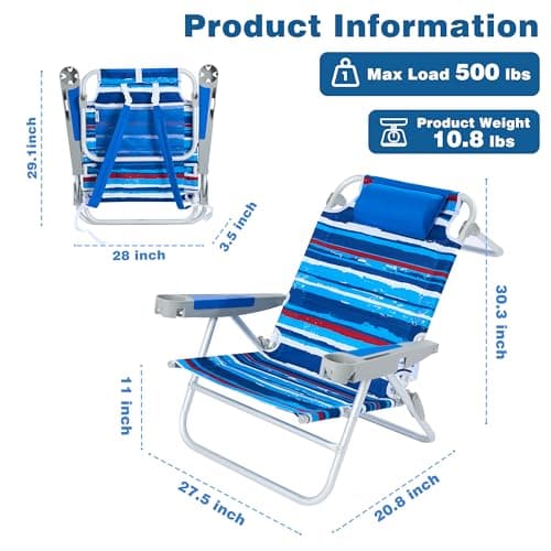 SUNNYFEEL Extra Wide Low Beach Chair 5 Position Lay Flat 500 LBS Heavy Duty, XL Oversized Portable Folding Camping Chairs with Cup Holder for Outdoor/Trip, Lightweight Backpack Beach Chair for Adults