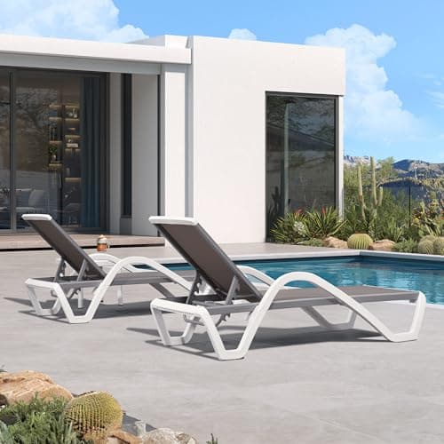 PURPLE LEAF Patio Chaise Lounge Chair Set of 3 Outside Aluminum Plastic Stackable Tanning Chairs with Armrests and Side Table for Pool Sunbathing Beach Deck Outdoor Lounger, Taupe