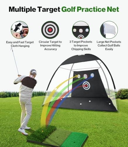 Golf Net: 10 x 7ft Golf Hitting Practice Net for Backyard Driving, Indoor & Outdoor Chipping Training Net with Mat, Targets & Balls, Ideal Gifts for Christmas Him Men Dad Husband Grandpa Boys Golfers