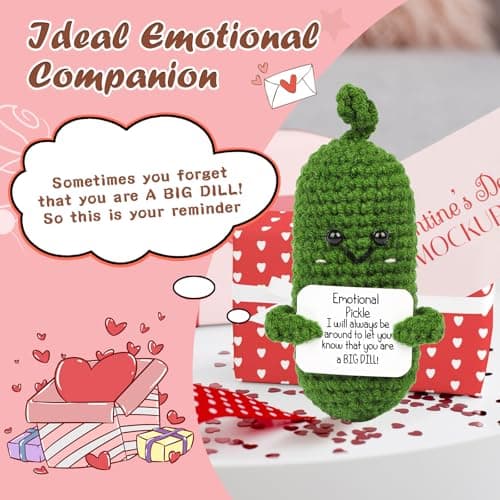 Hoedia Handmade Emotional Pickle Gift, Cucumber Crochet Doll Inspirational Gifts with Cards, Cute Knitted Funny Support Potato Friend Birthday Mothers Day Easter Basket Stuffers (Emotional Pickle)