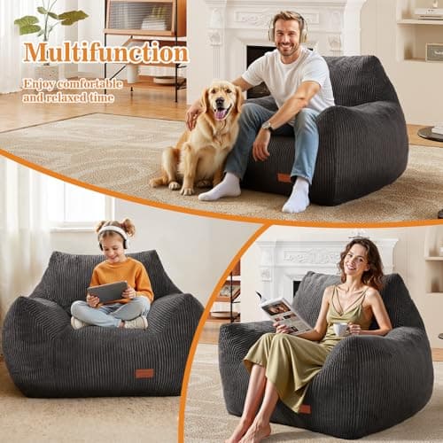 Big Bean Bag Chair for Adults, Ultra Soft Living Room Bean Bag with Armrests, Stuffed BeanBag Chair for Napping, Gaming, Vacuum-Compressed for Easy Gifting, 48 Hours to Fluffs Up, Dark Gray